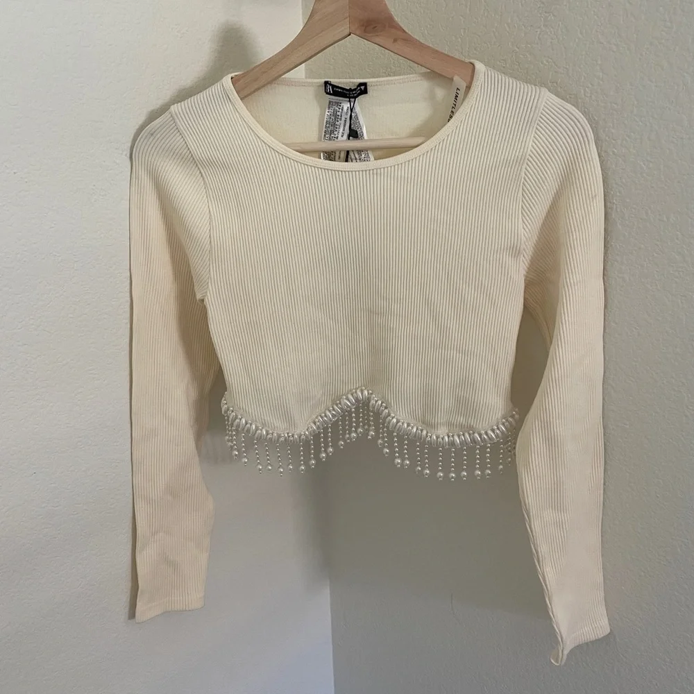 NWT ZARA PEARL EMBELLISHED CREAM CROP TOP SIZE M
